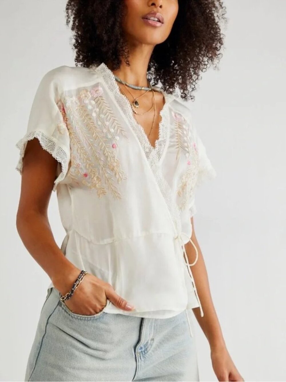 Free People Renee Embroidered Wrap Top in Ivory sz L new